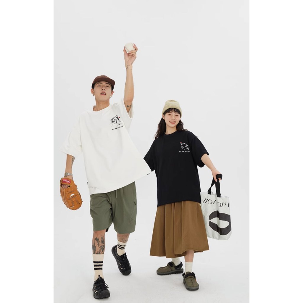 Áo thun couple form rộng cute hoạt hình unisex ATD1055 Miucho vải cotton tay lỡ cổ tròn in mix_thumbnail_6