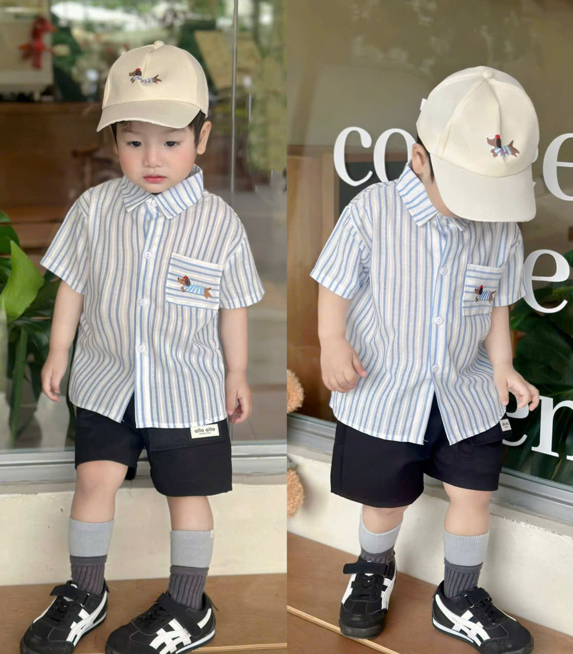 A09 BỘ SƠ MI SỌC XANH THÊU CHÓ KÈM MŨ- A108.327