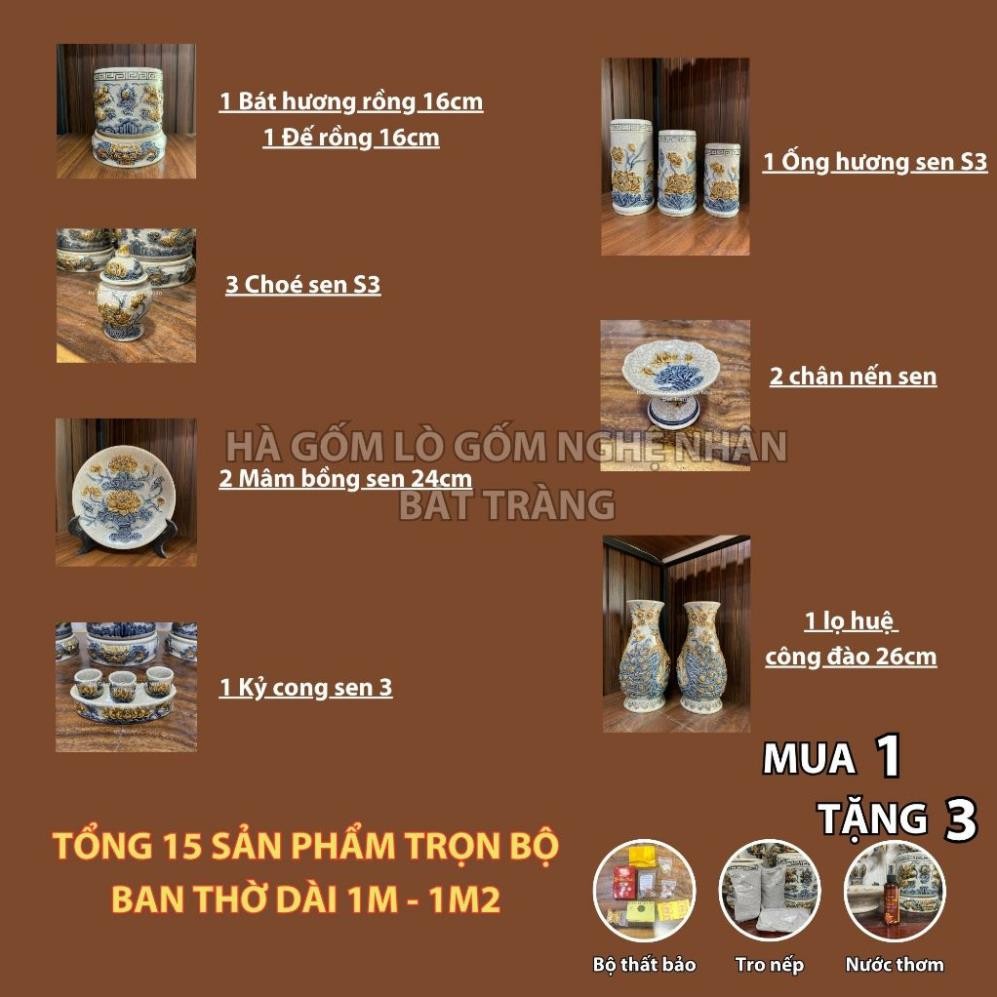 HG017 Đồ Thờ Cúng Bộ 15 món ban thờ 1M - 1M2 men rạn nổi nghệ nhân Bát Tràng chế tác TẶNG Thất Bảo, Tro Nếp_thumbnail_1
