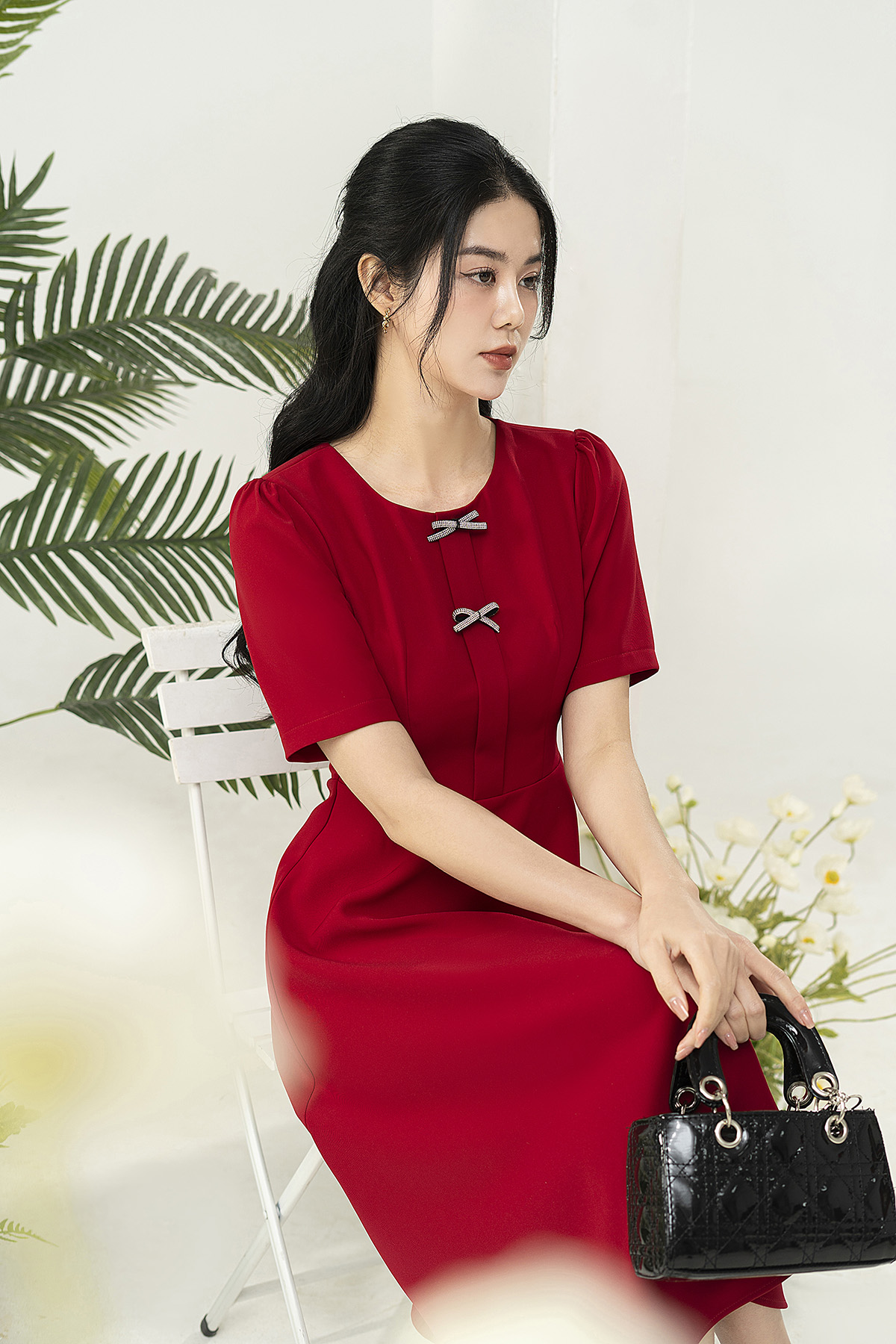 Đầm công sở LAVENDER dáng xòe đỏ nơ dây đá D3003_thumbnail_3