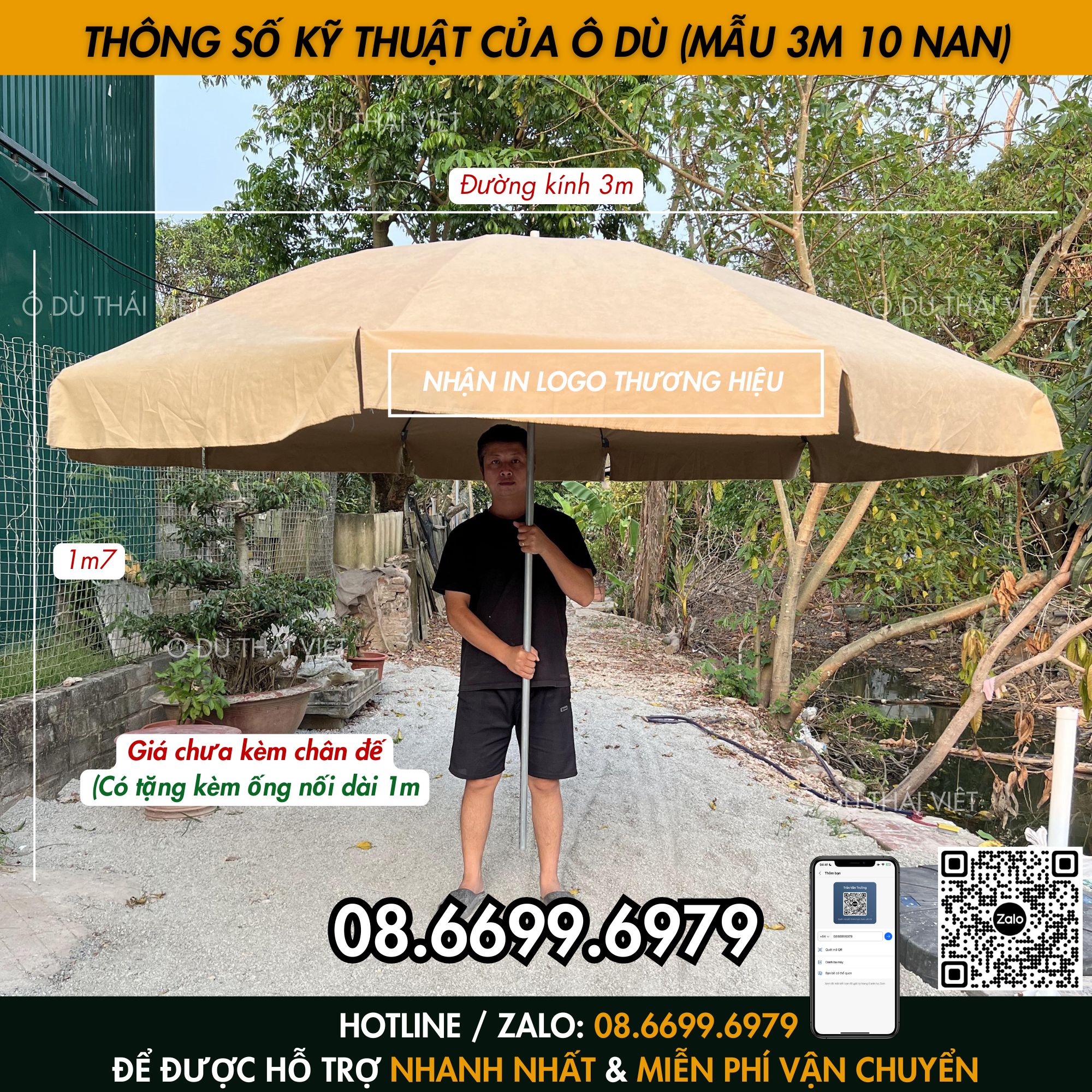 Ô dù chính tâm tròn 3m 10 nan vải dù cao cấp, ô dù che nắng mưa ngoài trời (chưa kèm chân đế) Ô DÙ THÁI VIỆT_thumbnail_4