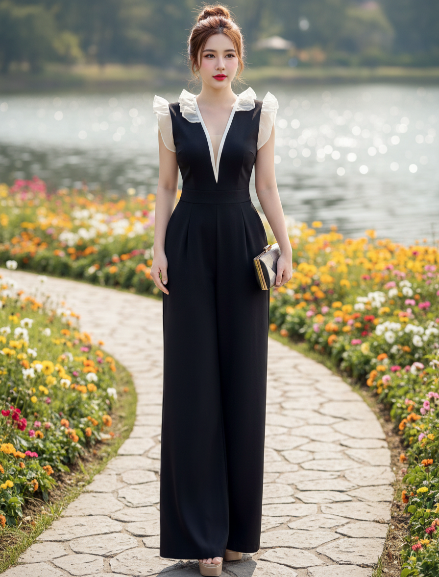 Jumpsuit phối bèo cổ khoét V phong cách_thumbnail_2