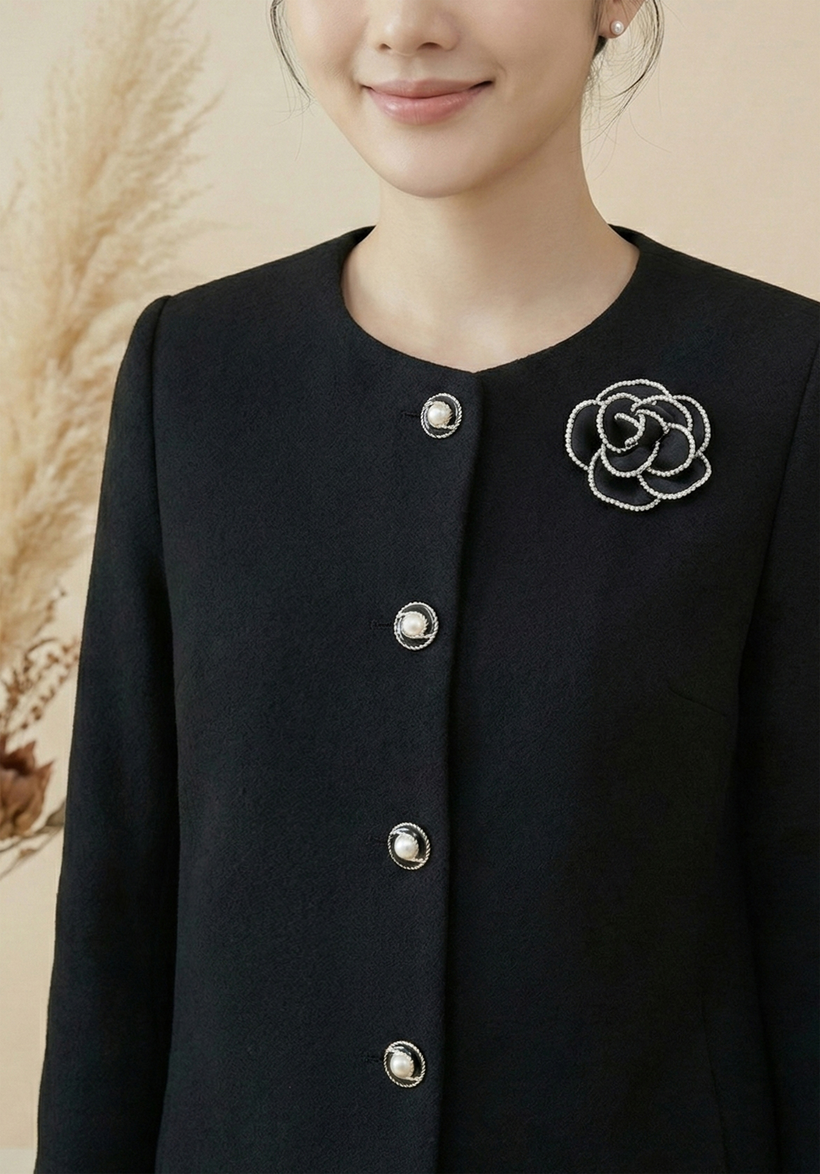 Áo khoác ngắn Vải dạ Đính hoa thủ công Cổ tròn Tay dài Dài qua eo_thumbnail_4