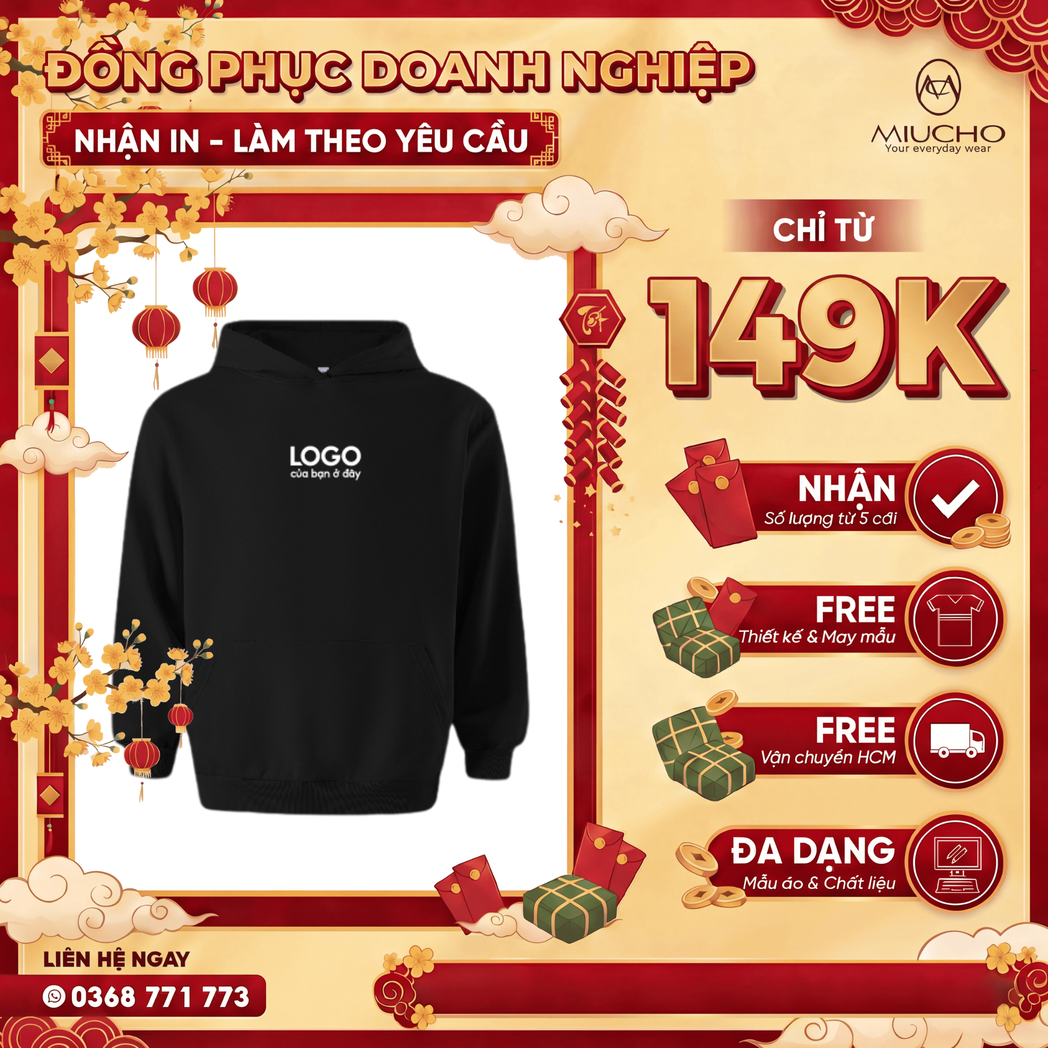 Áo hoodie trơn nữ form rộng HDT01 Miucho chân cua dày dặn in basic