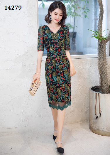 14279-Đầm body  suông ren tay lở in hoa xanh lá ( ren, lót)_thumbnail_1