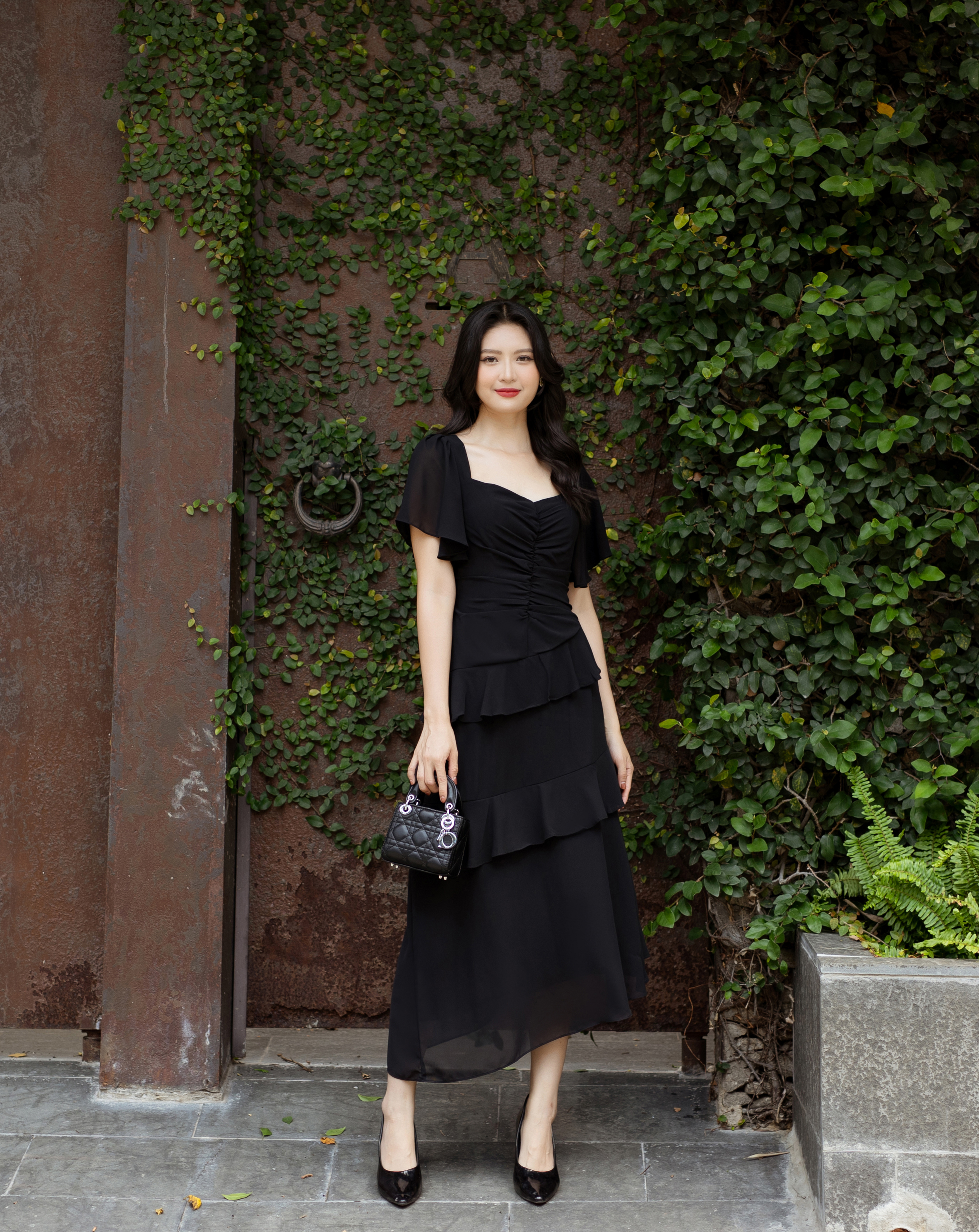 Đầm midi tay cánh tiên cổ u phối bèo xinh xắn