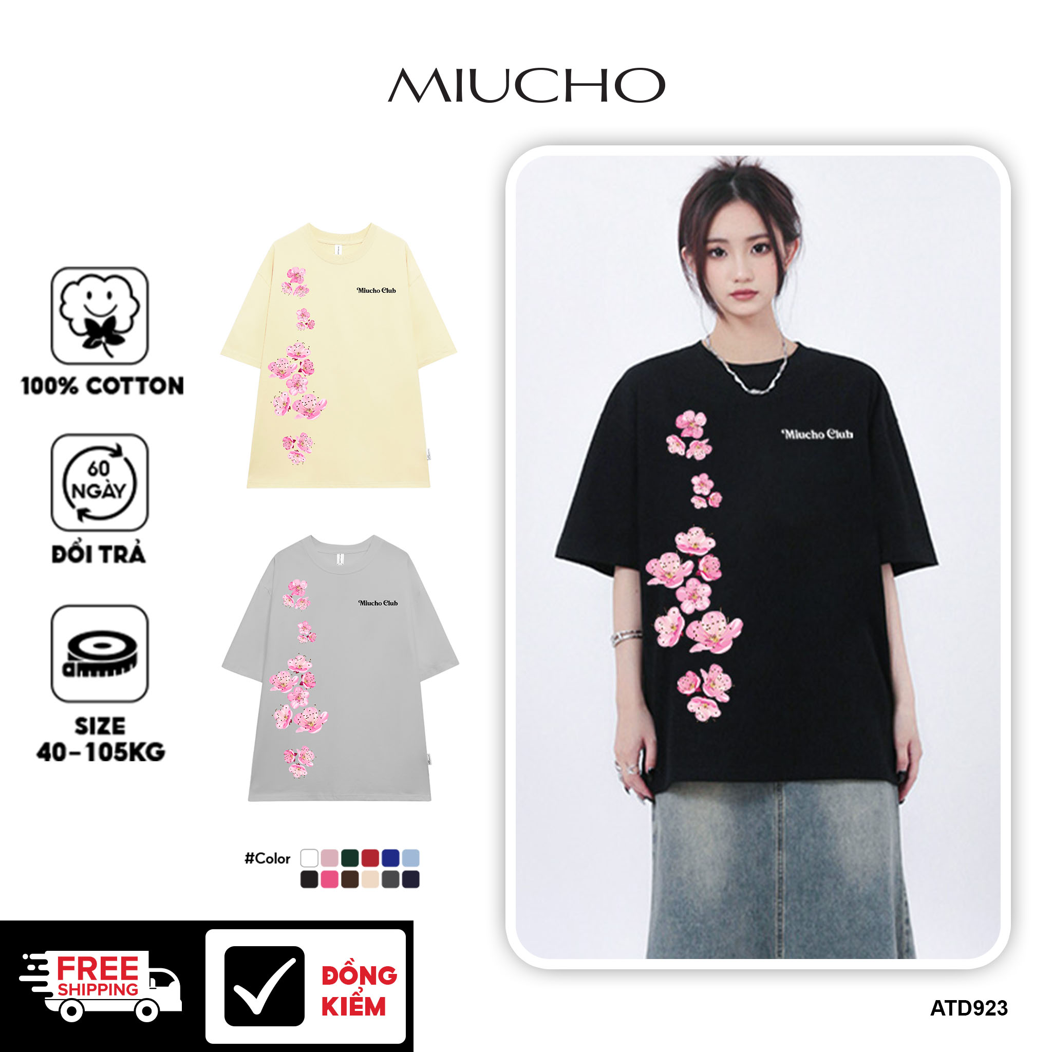Áo thun Tết in hoa đào form rộng local brand ATD923 Miucho tay ngắn cổ tròn in mix_thumbnail_1