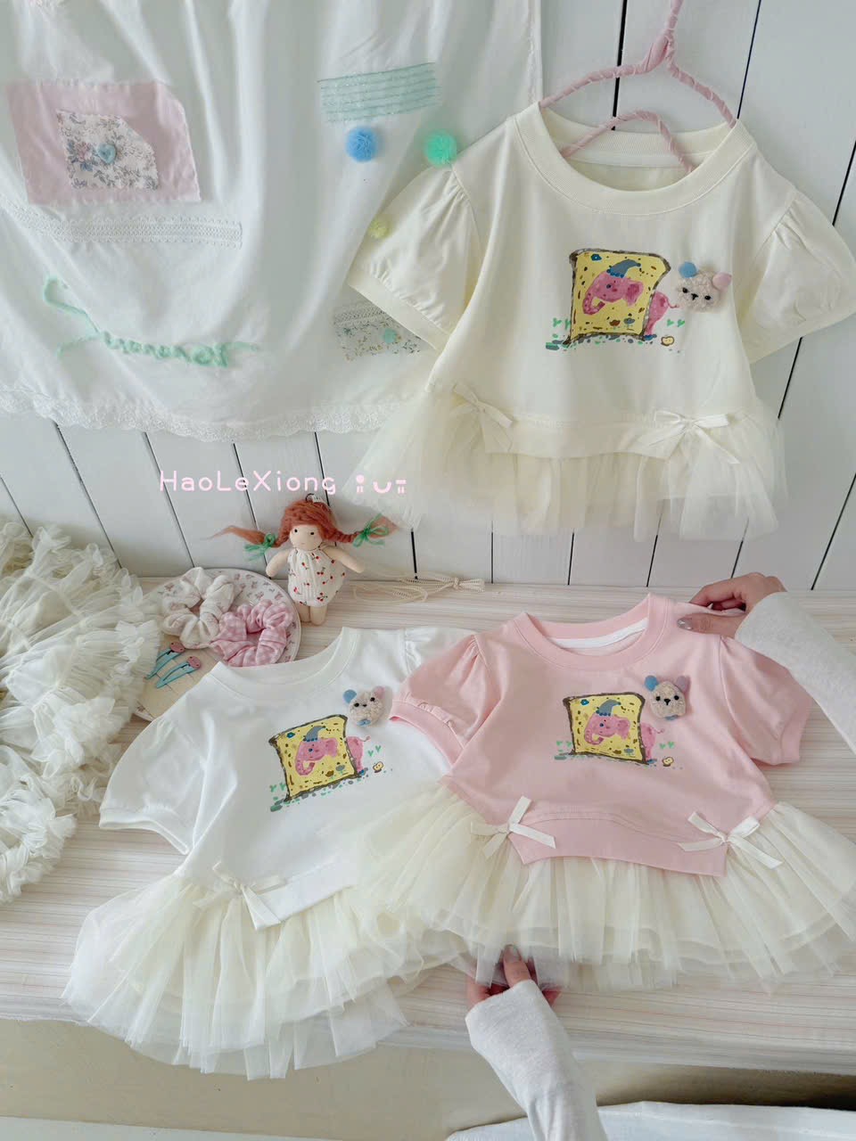 (A46) Áo thun liền voan màu kem siêu yêu thời trang bé gái 2025