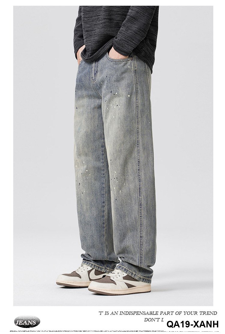 Mùa thu đông Mỹ đường phố cao cấp đau khổ bắn mực giặt quần jean nam hợp thời trang phù hợp với ống rộng quần dài bán buôn_thumbnail_3