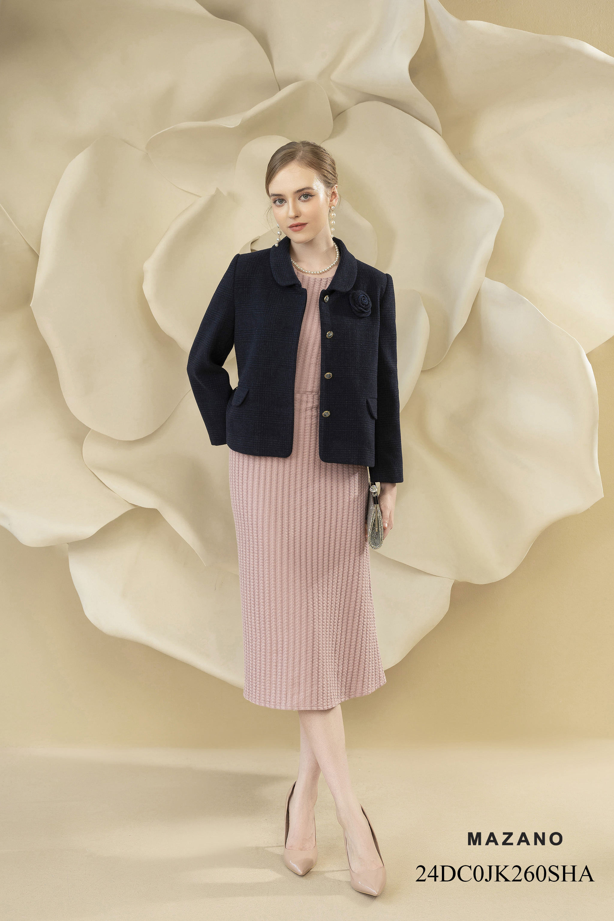 Áo khoác ngắn Suông Vải dạ tweed kẻ xanh tím than Dài dưới eo  JK260SHA