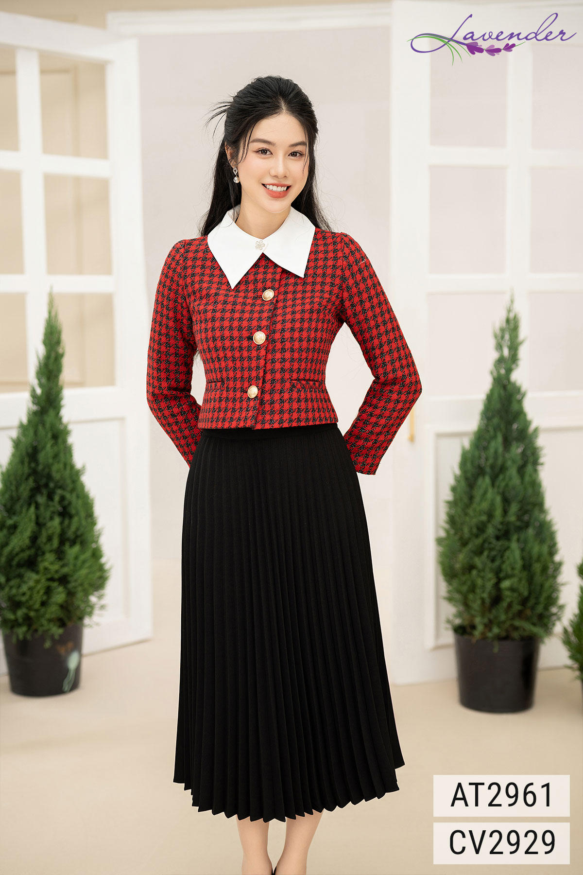 Áo dạ tweed kẻ đỏ phối cổ tay dài AT2961_thumbnail_1