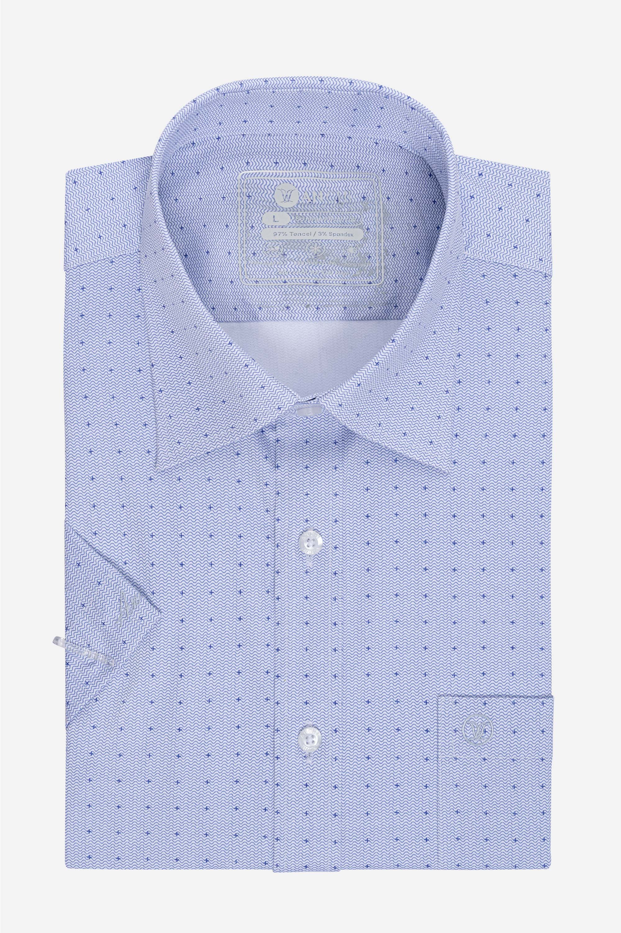 Sơ Mi Cộc Tay Họa Tiết Nam Trung Niên ANCHI Chất Liệu Sợi Sồi Cao Cấp Phom Suông Vạt Ngang Màu Xanh Nhạt