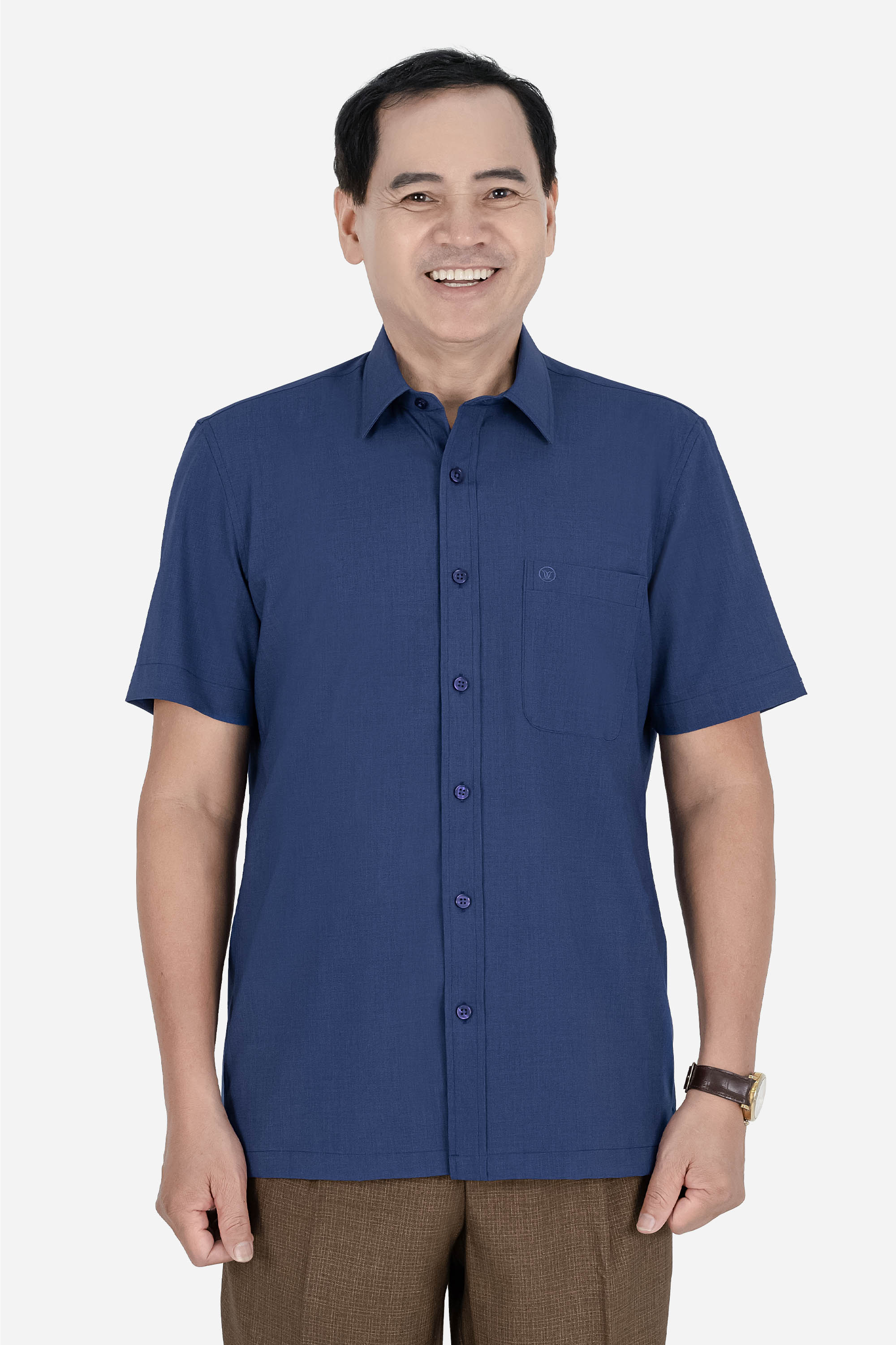 Áo Sơ Mi Trơn Cộc Tay Nam Trung Niên ANCHI Chất Liệu Sợi Gỗ Thoáng Mát Màu Xanh Than