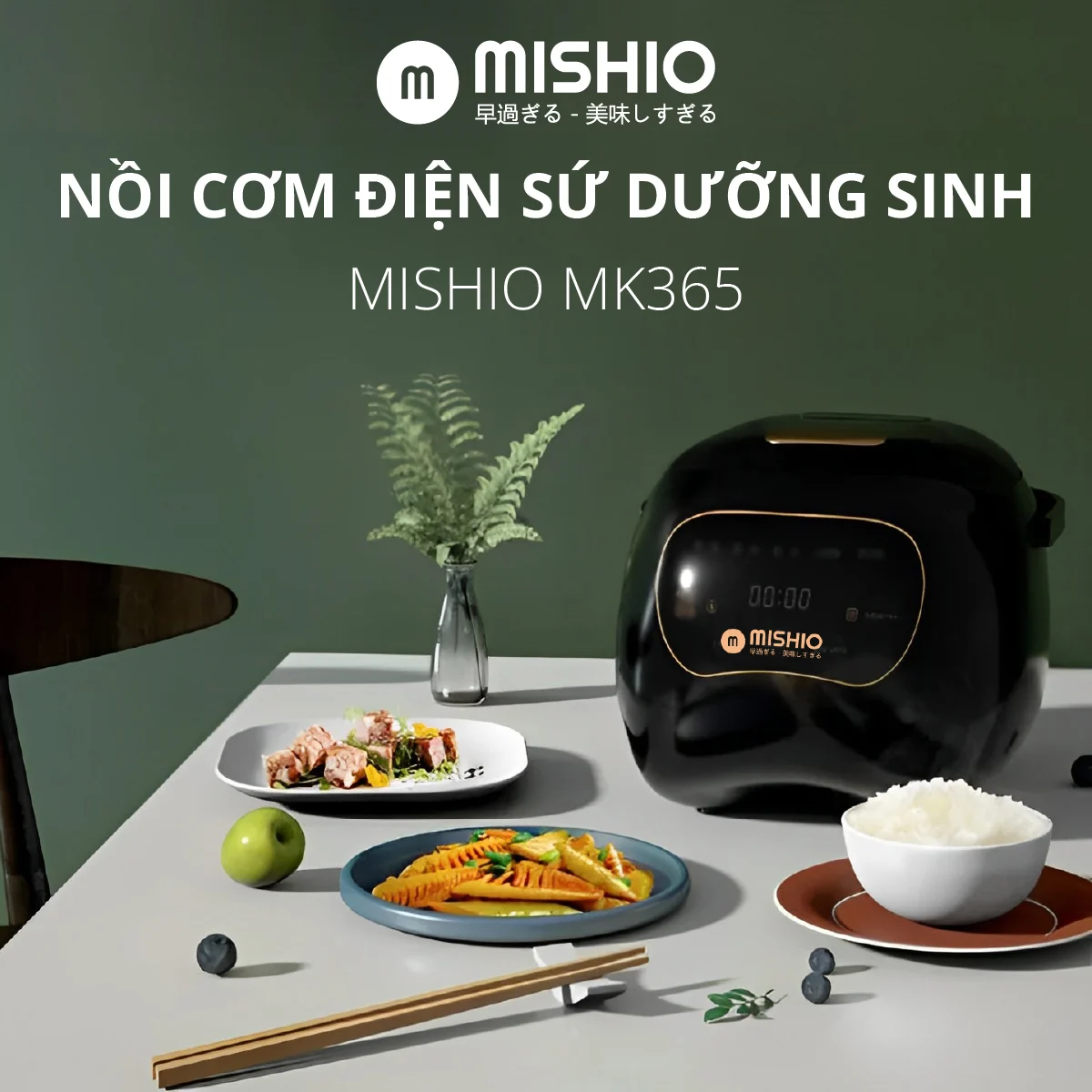 Nồi cơm điện lòng sứ 0.8Lít Mishio MK365 tặng kèm nồi hầm chậm 1Lít_thumbnail_1