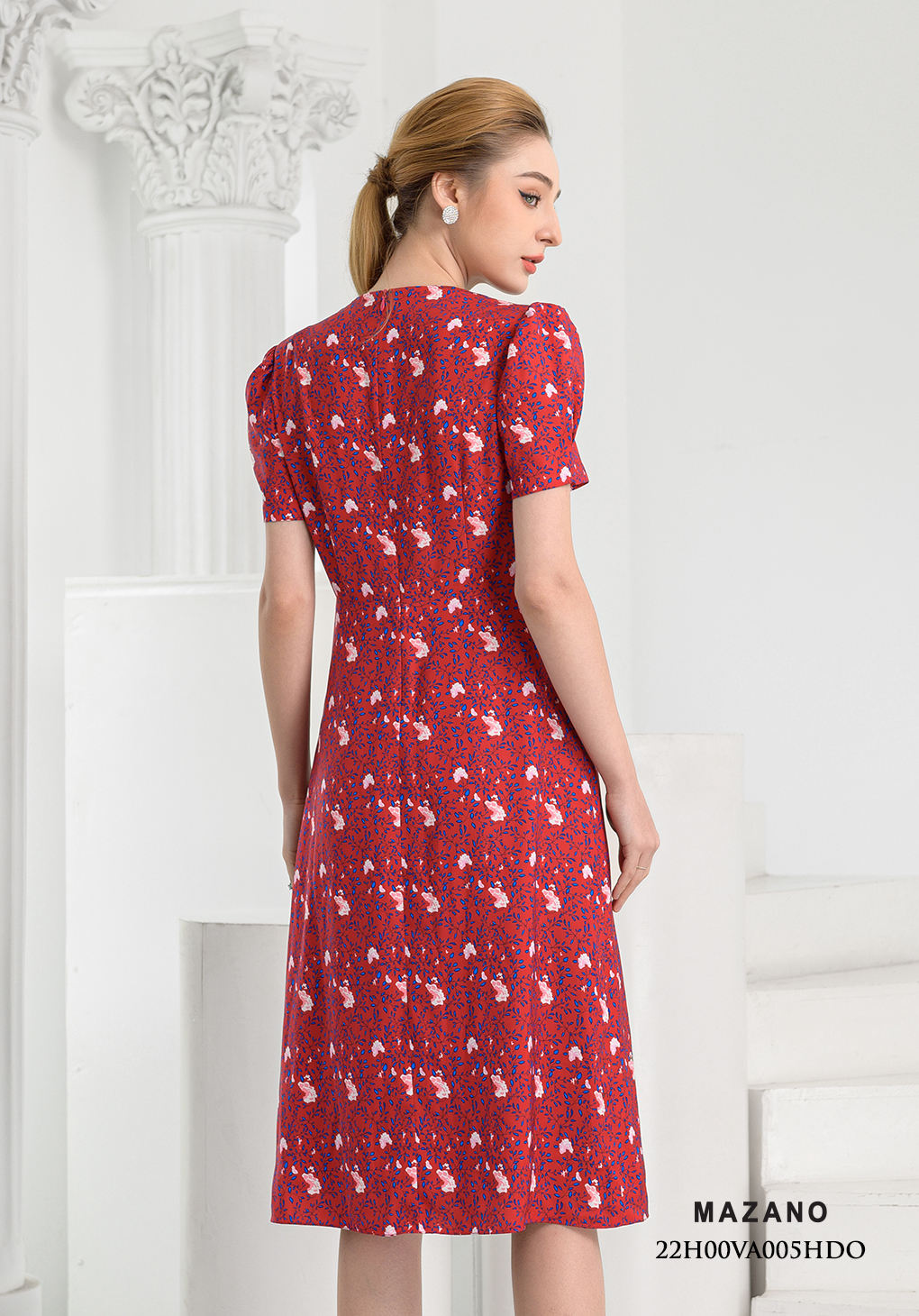Đầm đỏ họa tiết nơ cổ tay bồng_thumbnail_3
