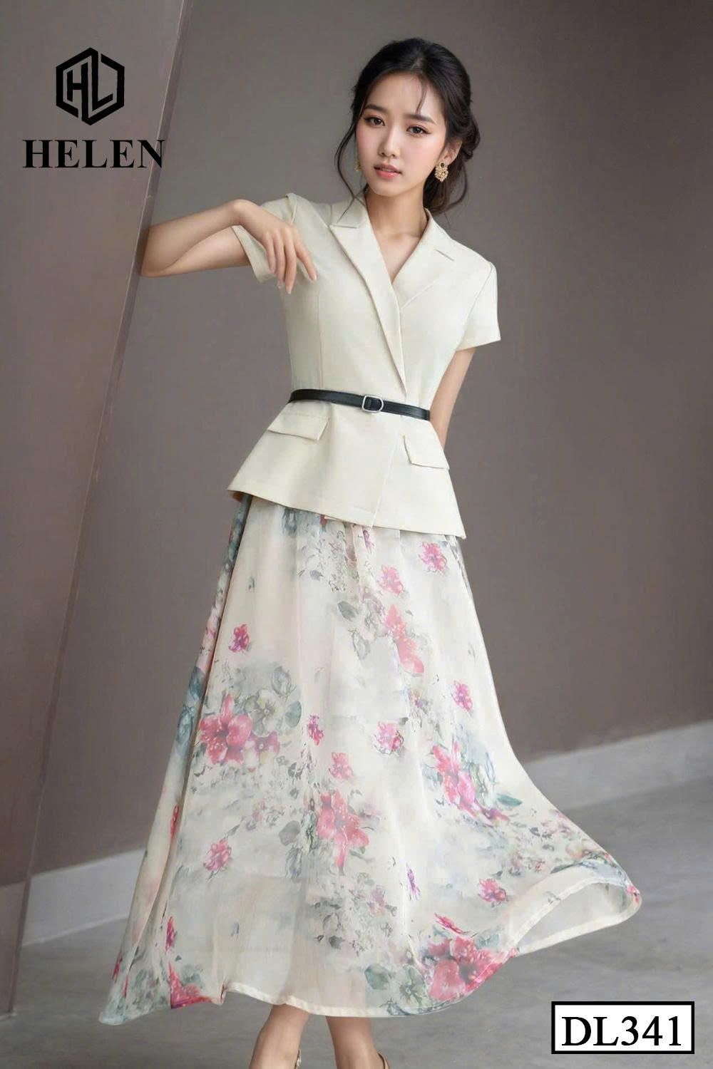 Đầm xòe cổ vest kem phối chân họa DL341