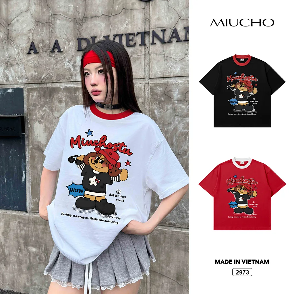 Áo thun boxy phối cổ hoạt hình Miucho vải dày dặn thoáng mát đứng form in mix 2973