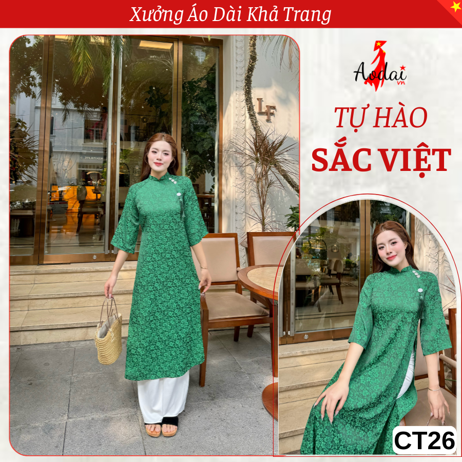 CT26 Áo Dài Gấm Dáng Suông Hoa Tuyết Mai Cổ Cao 2cm tay Lỡ
