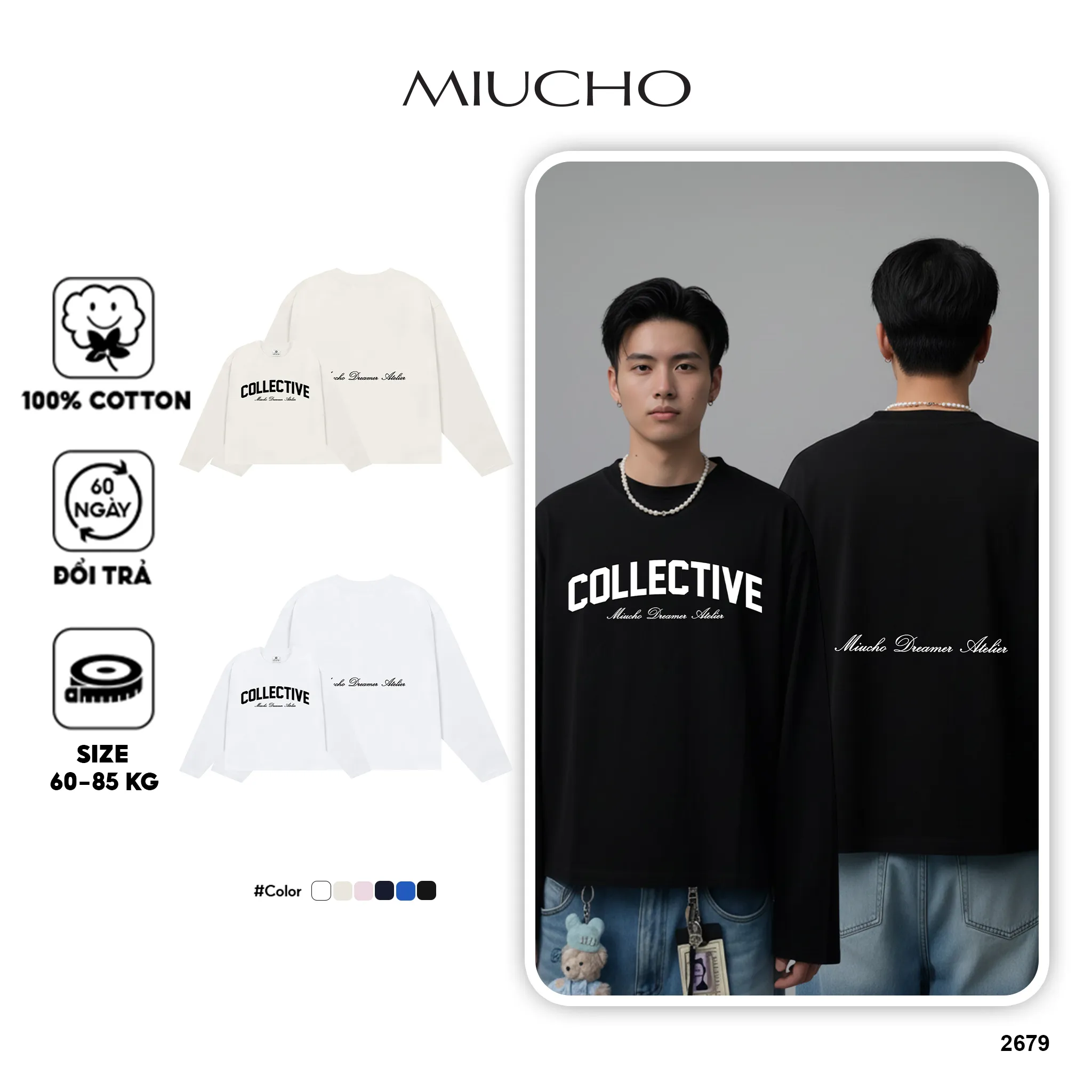 Áo phông boxy tay dài Miucho Club cotton 2 chiều thoáng mát in chữ COLLECTIVE 2679