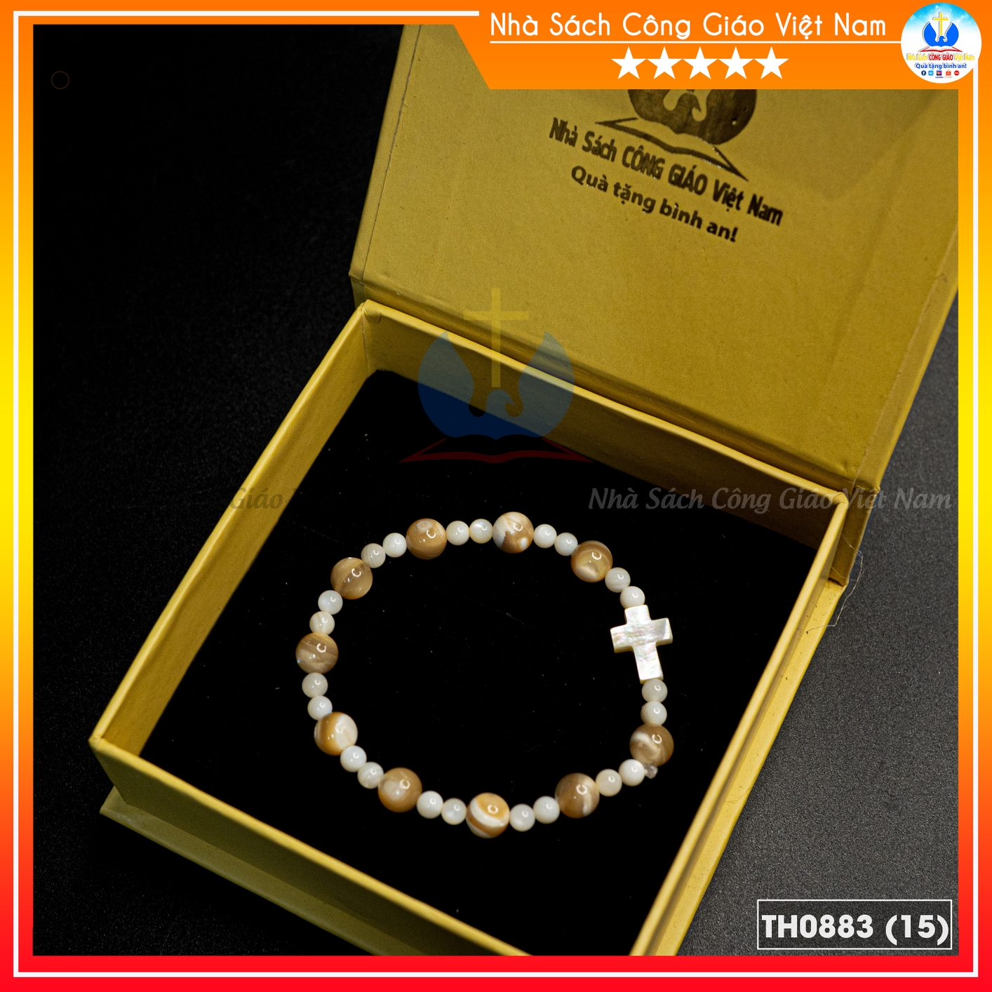 Chuỗi Mân Côi Ốc Nón 6–8mm, phối hạt đệm trắng, thánh giá xà cừ – TH0883