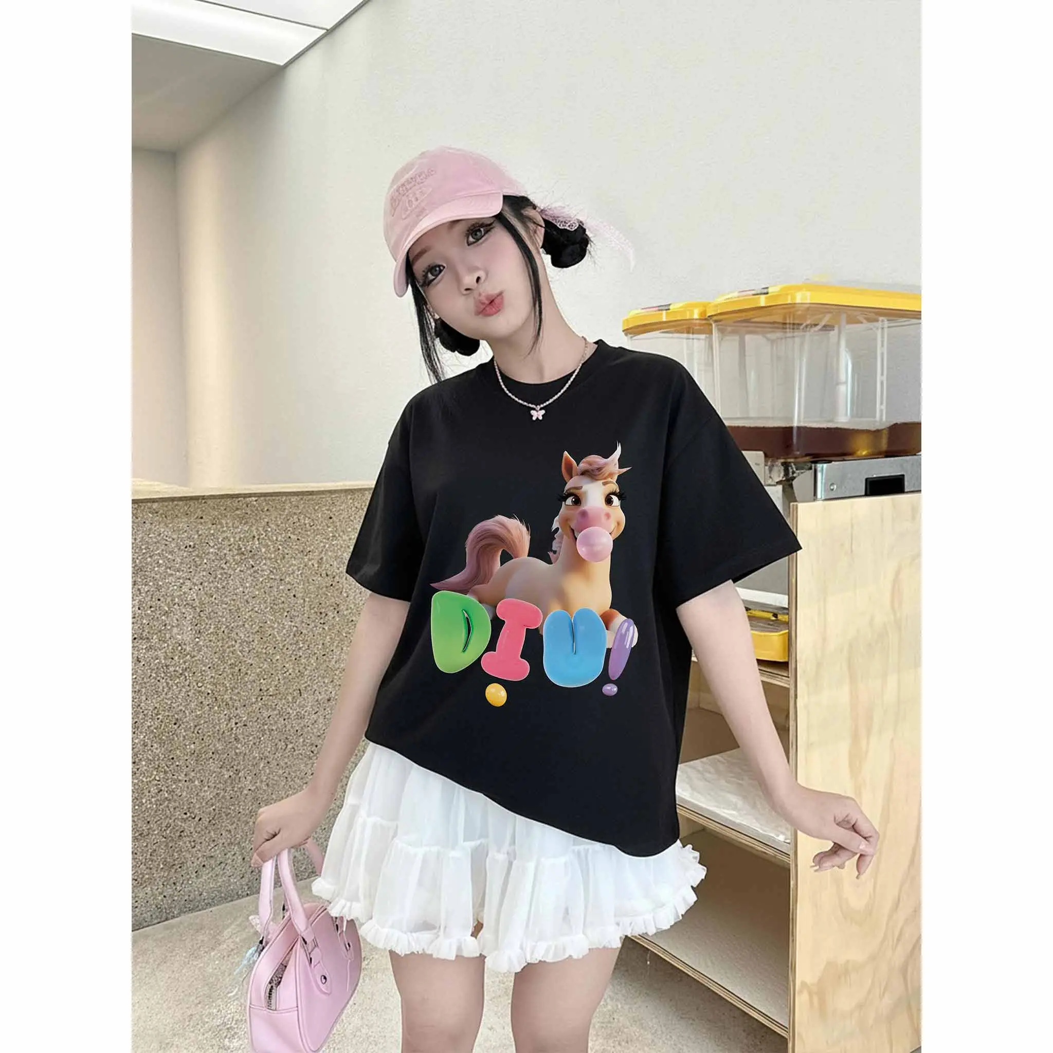 Áo thun nữ form boxy Miucho Club cotton dày dặn thoáng mát cổ tròn hình ngựa dễ thương in mix 2828_thumbnail_4