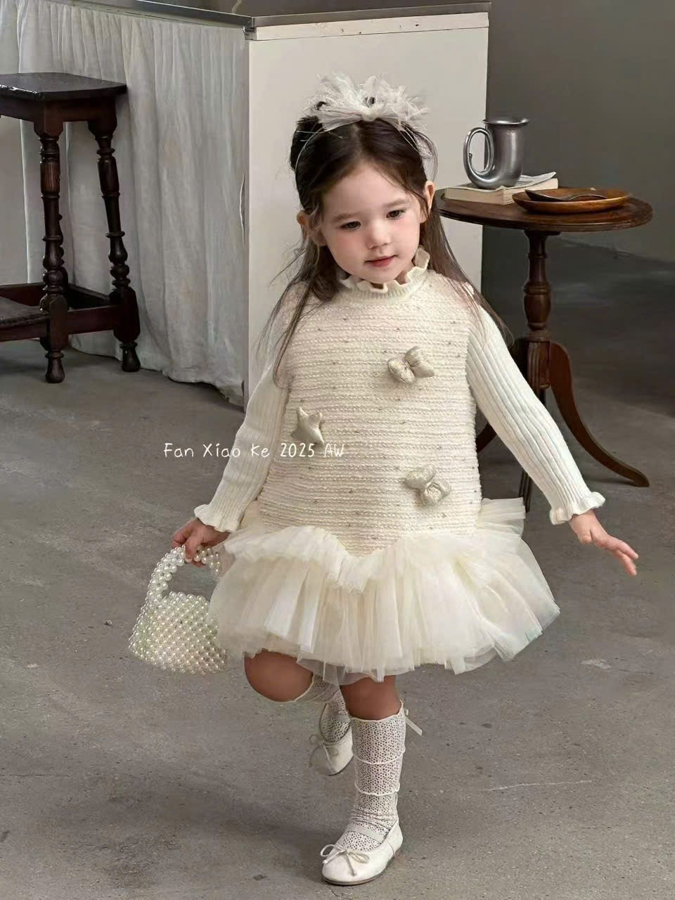 (S83) Set váy dạ kem họa tiết đính nơ sao viền voan lót lông_thumbnail_0