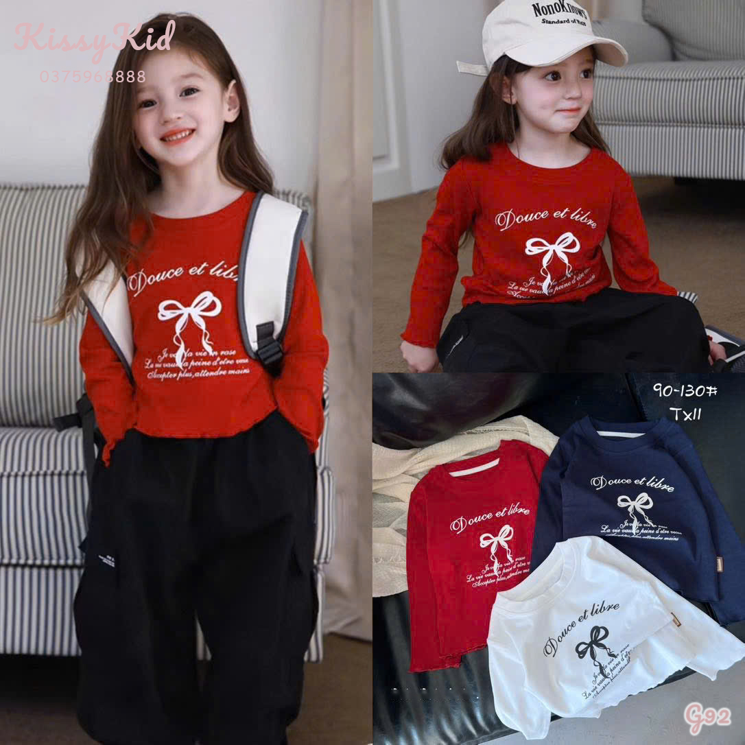 (G92) Áo thun dài tay màu đỏ hoạ tiết nơ trắng BABALA_thumbnail_0