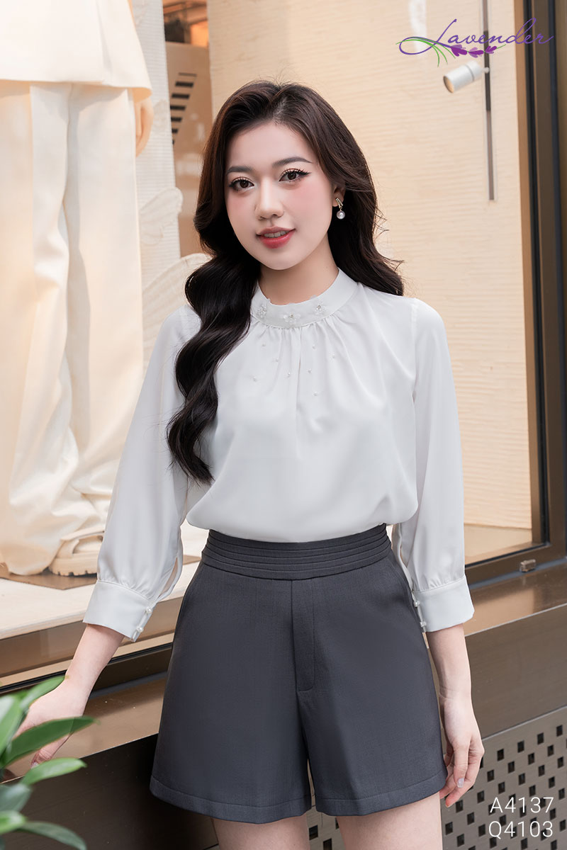 Set Áo sơ mi cổ trụ trang trí hoa S4137