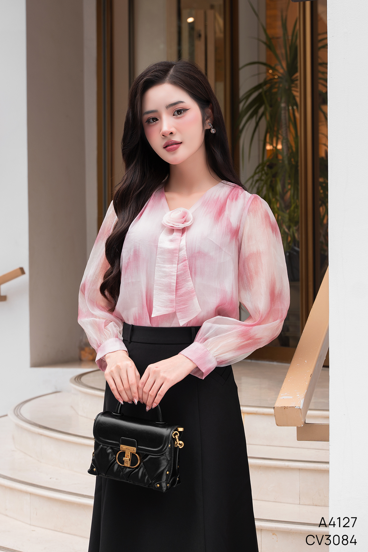 Set Áo sơ mi tơ ngọc trai hoa cuốn nơ A4127_thumbnail_3