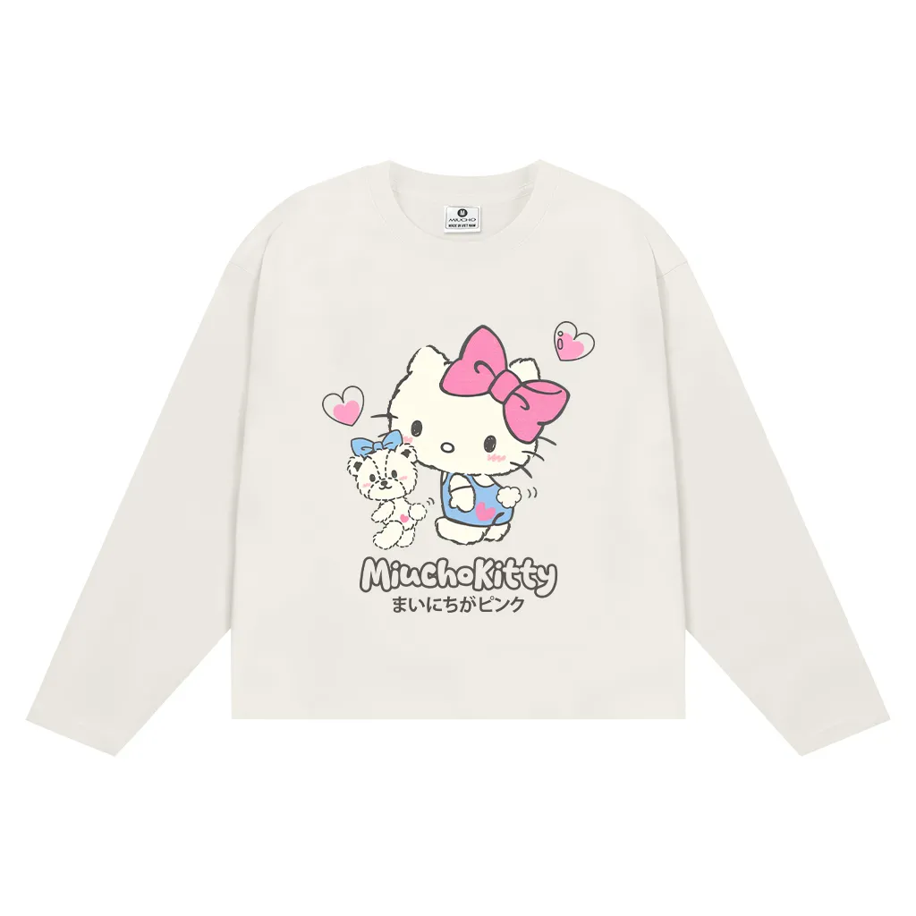 Áo thun nữ form boxy Miucho vải cotton thoáng mát thấm hút tốt tay dài cổ tròn Kitty dễ thương 2802_thumbnail_11