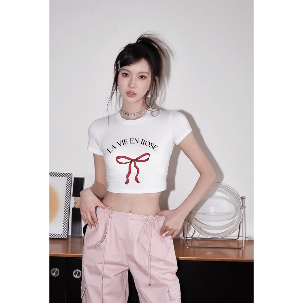 Áo croptop nơ xinh form ôm CRD1219 Miucho tay ngắn vải cotton thoáng mát cổ tòn in mix_thumbnail_5