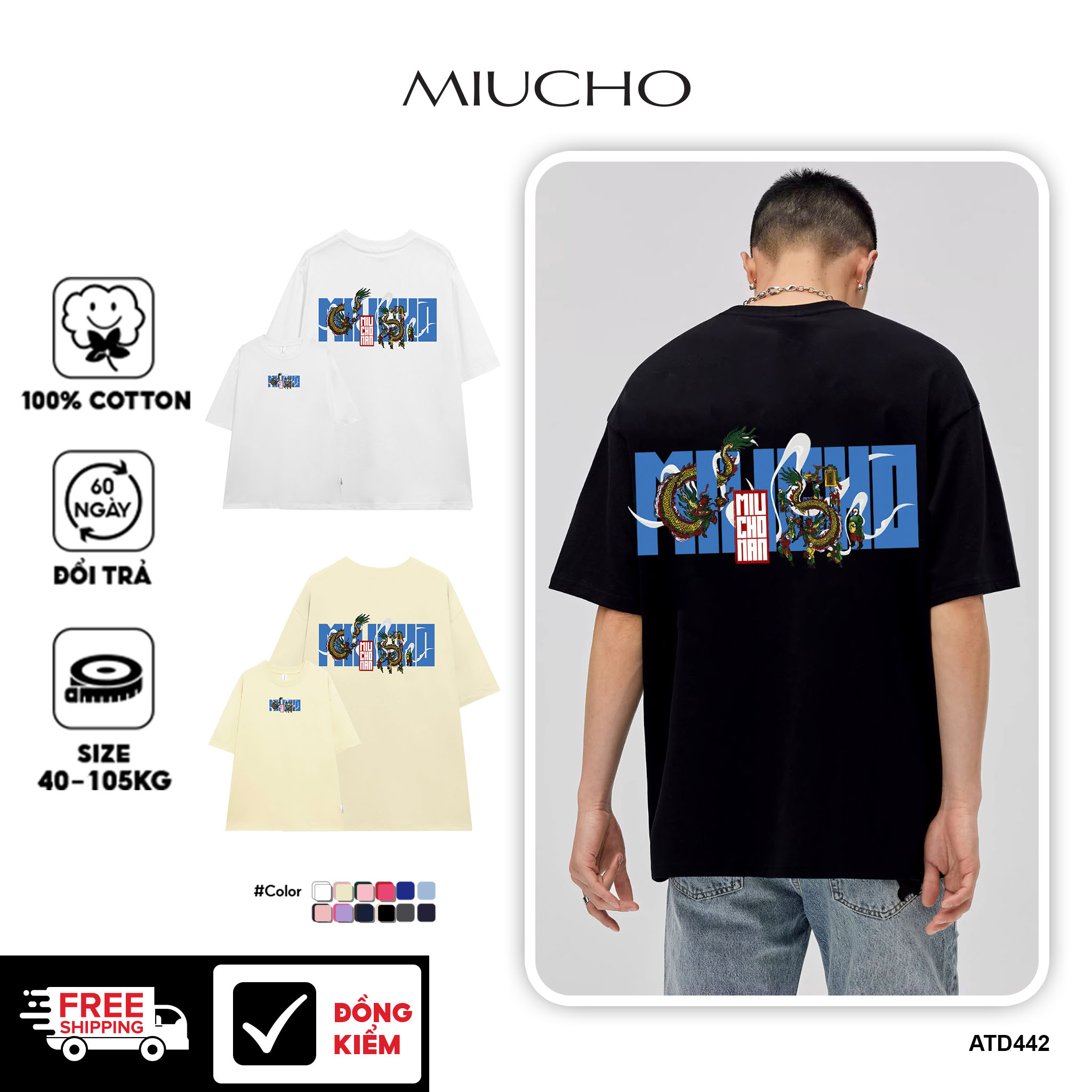 Áo thun nam form rộng 12 con giáp tuổi Thìn ( tuổi rồng) ATD442 Miucho Man cotton cổ tròn ingraphic