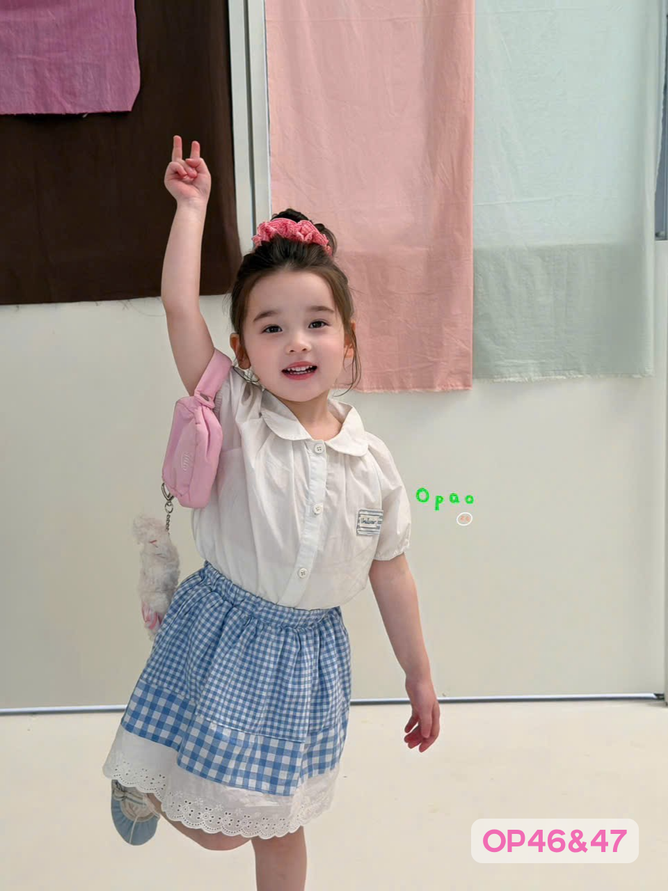 OP47 - Váy cotton caro xanh phối ren hãng Opao