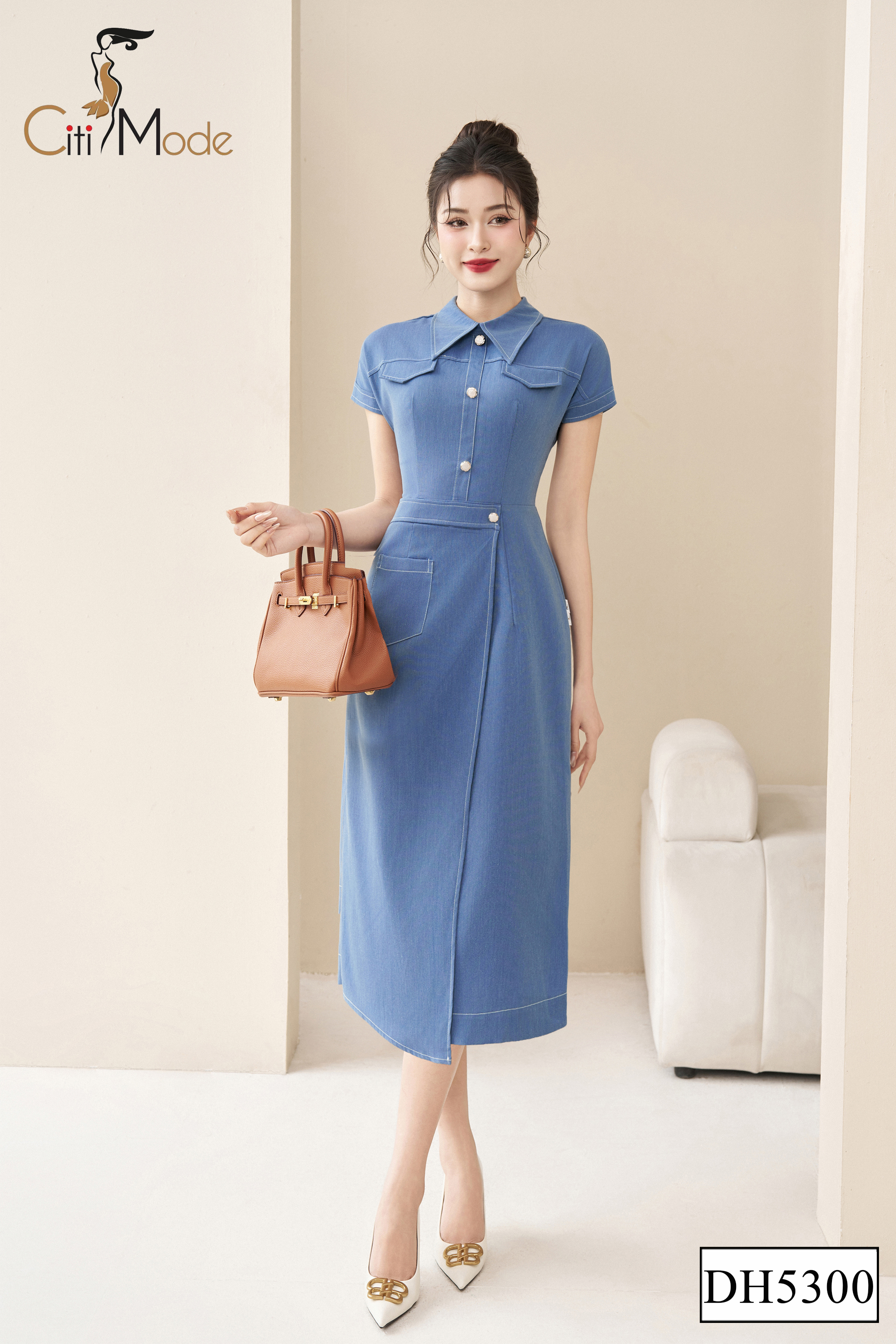 Đầm A xanh cổ đức vạt hông_thumbnail_3