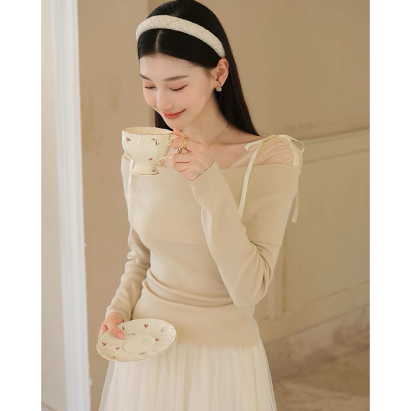 Áo trễ vai phối nơ, áo hở vai chất tăm nhung phối lưới phong cách tiểu thư Logastore_L335