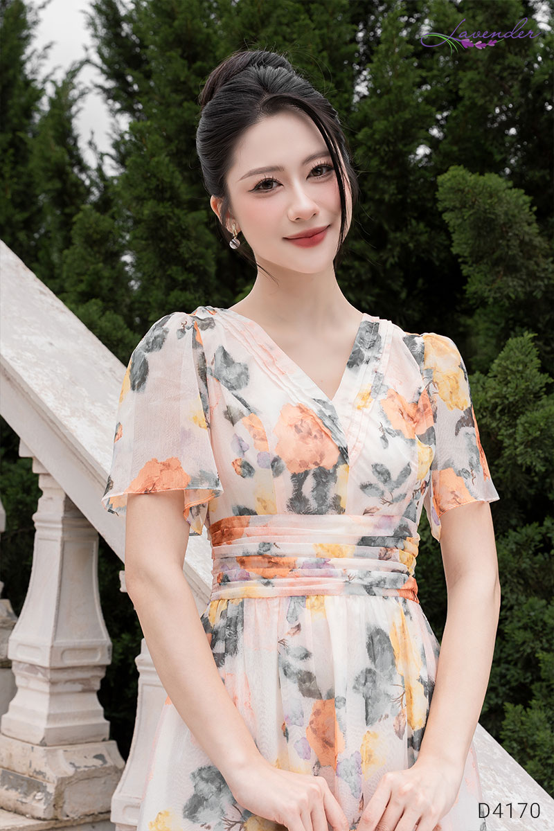 Đầm tơ hoa cam cổ V tay ngắn D4170