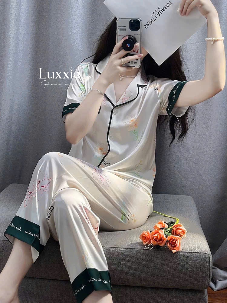 N99B Pijama lụa hoa viền xanh lá cộc tay_thumbnail_5