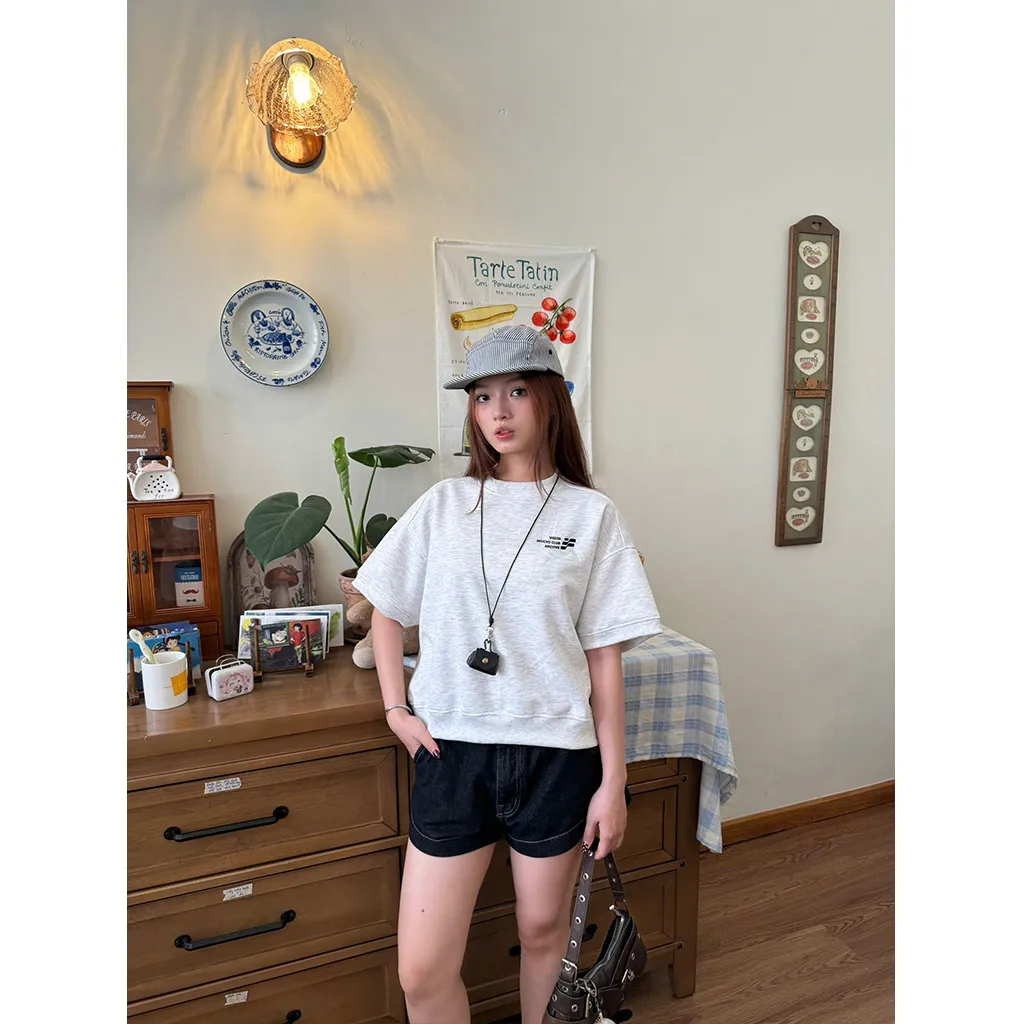 Áo sweater tay ngắn form boxy basic nhiều màu 2599 Miucho tay ngắn cổ tròn vải nỉ 2 da thoáng mát in basic_thumbnail_4