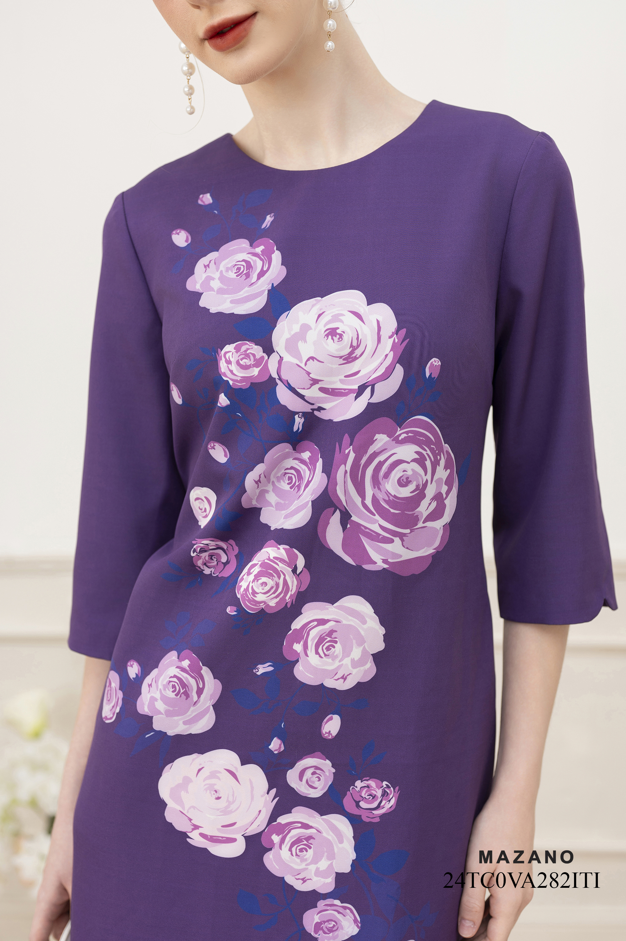 Váy Đầm suông Vải thô chun Hoạ tiết hoa hồng cách điệu Cổ tròn Tay lỡ Dài qua gốiVA282ITI_thumbnail_4