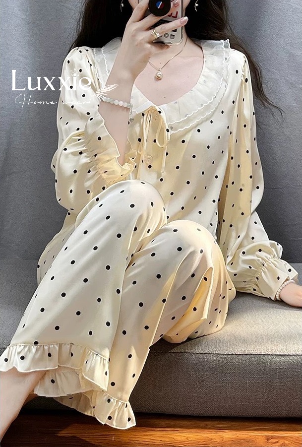 N77 Pijama lụa chấm bi cổ ren bèo tiểu thư
