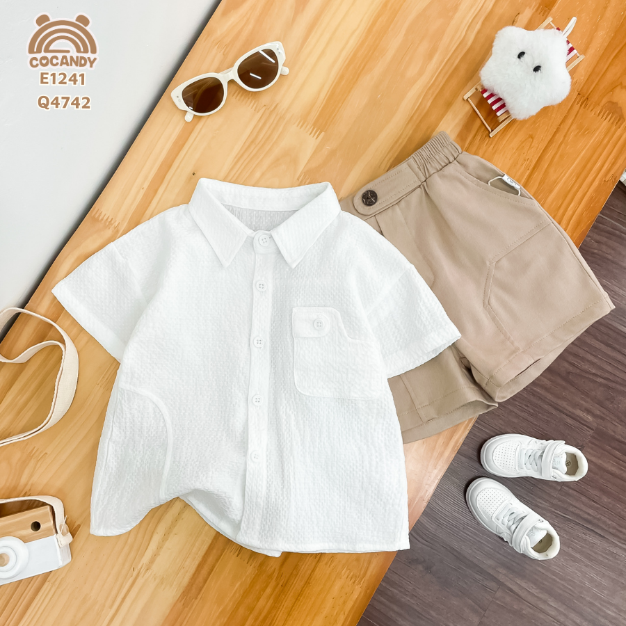 Áo cộc sơ mi TRẮNG túi ốp cách điệu