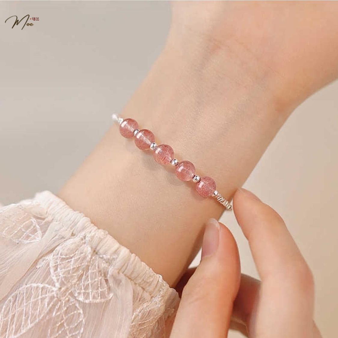 PT134 - Lắc tay thạch anh dâu hồng mix bạc vụn điệu đà_thumbnail_2