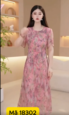 18302-Đầm xòe voan hồng in hoa 5D kêt nút tàu  ( voan,lót)