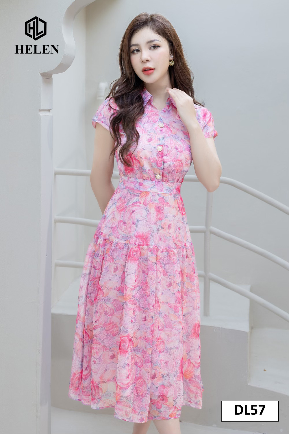 Đầm xòe hoa hồng cổ đức đính cúc DL57