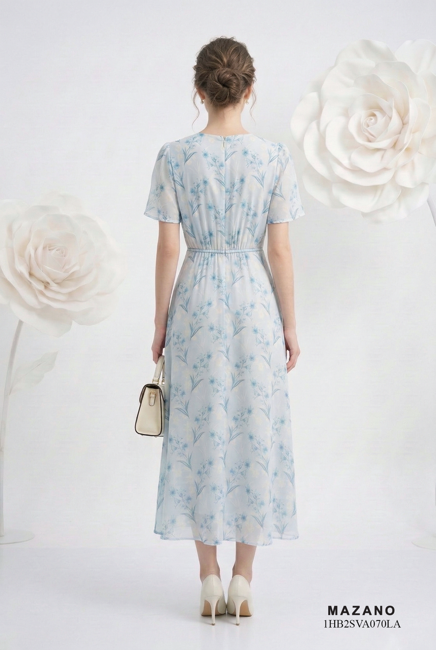 Đầm voan dày in hoa xanh nhạt dáng ôm chân rủ cổ V tay ngắn thiết kế MAZANO_thumbnail_5