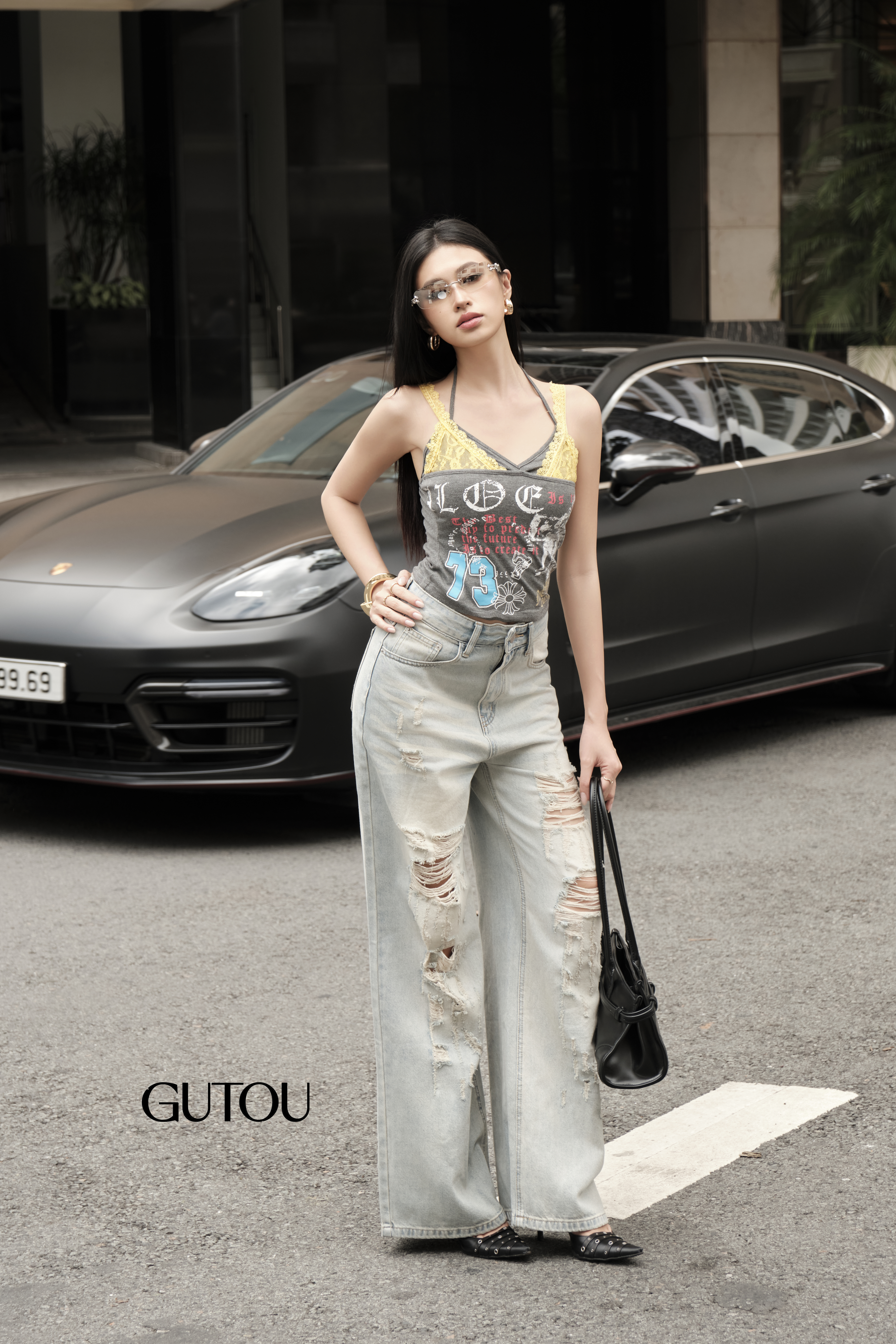 [ GUTOU ] Quần Jean Suông Rách Gối Wash Sáng