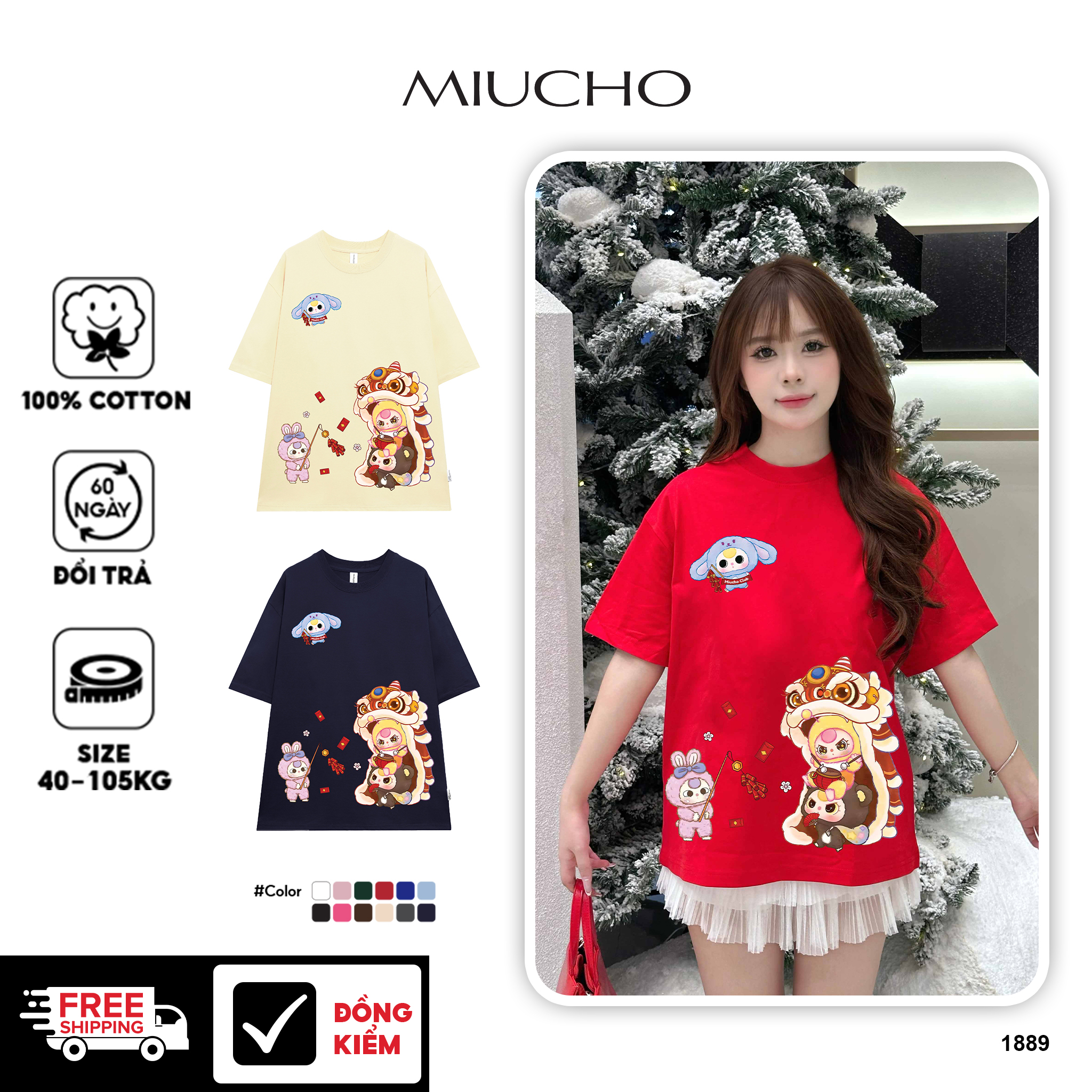 Áo thun tết baby three form rộng 1889 Miucho vải 4c cotton 220gsm thoáng mát in mix