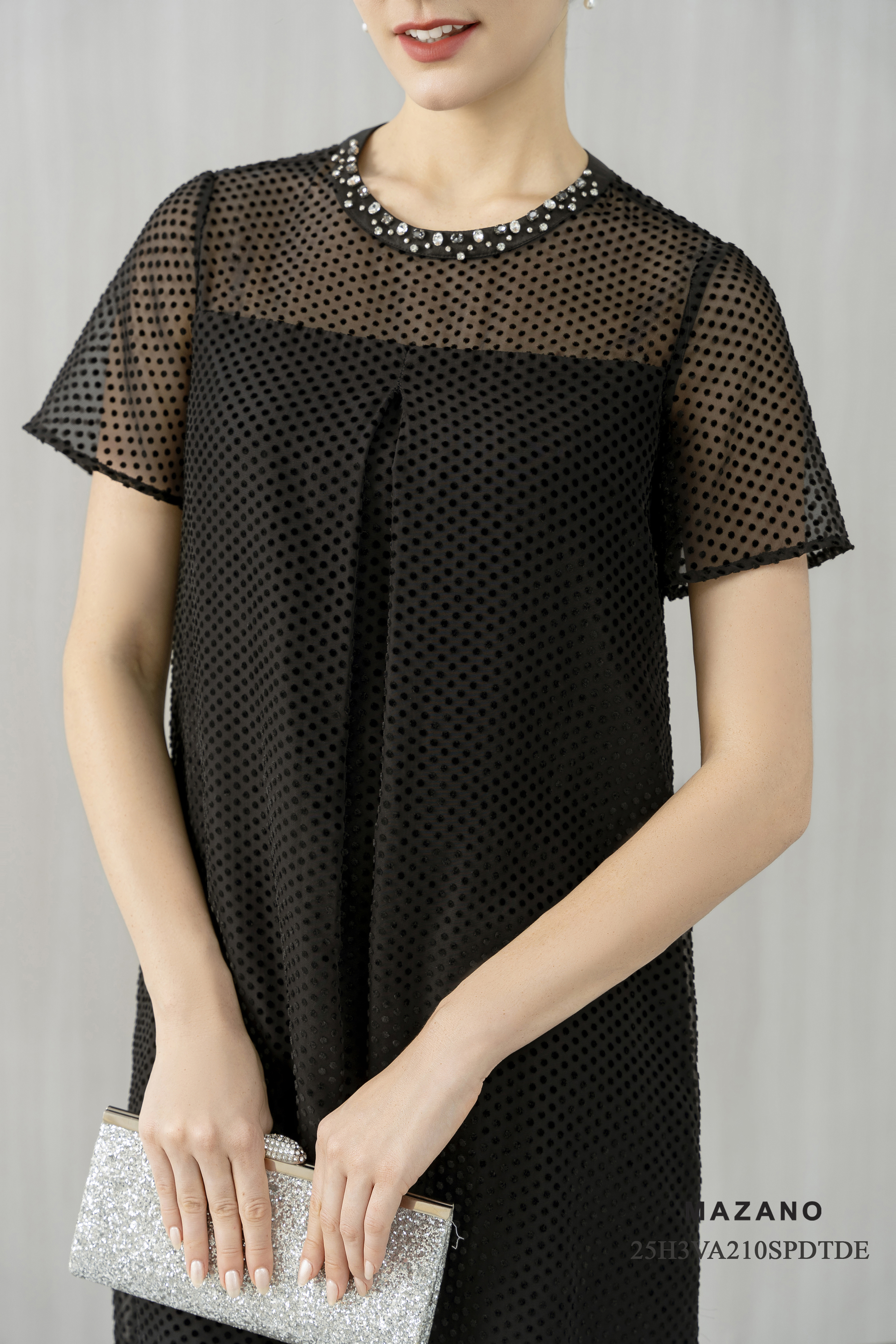 Váy Đầm suông A  Vải voan mỏng Phối chấm c Đính trang trí Cổ tròn Tay ngắn Dài váy đến gối._thumbnail_3