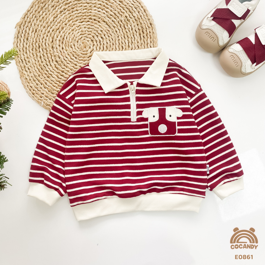 Áo dài polo kẻ ĐỎ cổ khóa phối túi tai lật_thumbnail_2