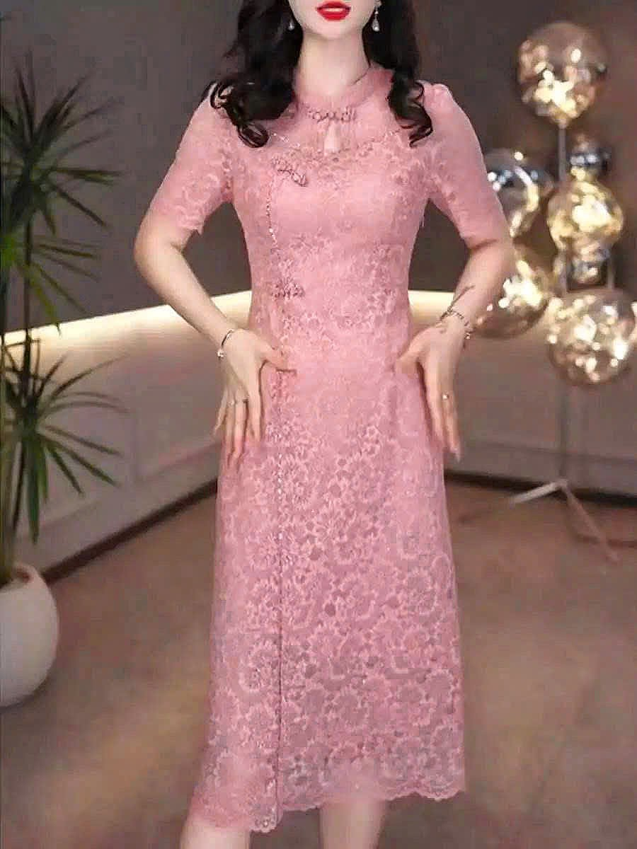 18017-Đầm suông ren màu hồng san hô cổ tàu cách điệu ( ren, lót)_thumbnail_1